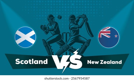 Scotland VS New Zealand Match , New Zealand Vs Scotland cricket match , Cricket match concept with creative illustration.eps