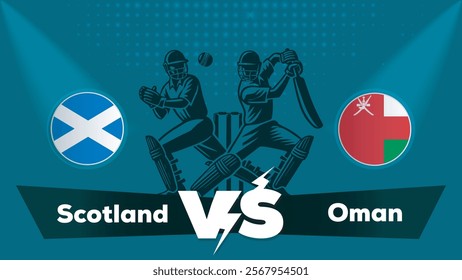 Scotland VS Oman , Oman Vs Scotland cricket match , Cricket match concept with creative illustration.eps