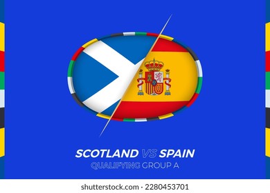 Scotland vs Spain icon for European football tournament qualification, group A. Competition icon on the stylized background.
