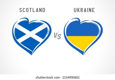 Scotland vs Ukraine, flag emblem. National team soccer on white background. Scottish and Ukrainian national flag in heart, vector illustration. Europe football play-off Qualifiers 2021-2022