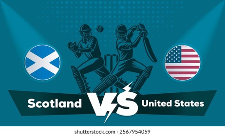 Scotland VS United States , United States vs Scotland cricket match , Cricket match concept with creative illustration.eps