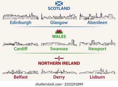 Scotland, Wales and Northern Ireland cities outline skylines vector set