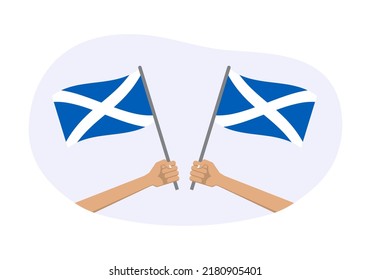 Scotland Waving Flag Icon Or Badge. Hand Holding Scottish Flags. Vector Illustration.