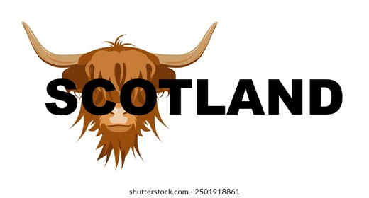 Scotland Word with Portrait of Highland cattle, cow, Cute head of Scottish cattle, Scottish sign. Design element for logo, poster, card, banner, emblem, t shirt. Vector illustration.