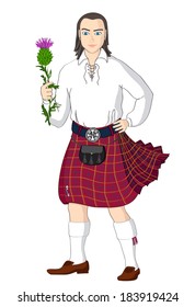 Scotsman with a gift - the national flower of Scotland. Vector