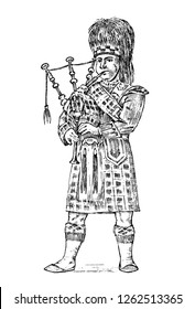 Scotsman in national costume. Traditional Caledonian scottish dress. North Briton or Sawney. Vintage Engraved hand drawn monochrome sketch.