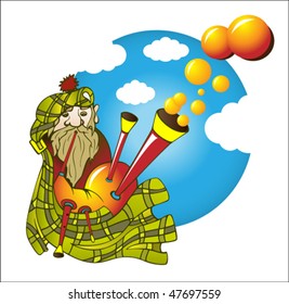 Scotsman playing the bagpipes in the sky