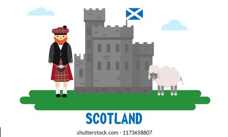 
Scotsman in a suit, an old castle and a sheep. Illustration of the symbol of Scotland.