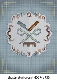 Scottish background in a cage with a mask of a razor, scissors and combs