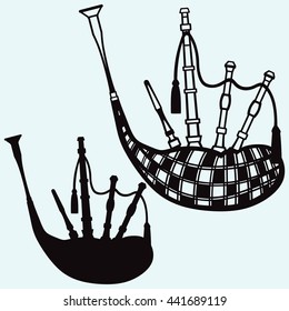 Scottish bagpipe. Isolated on blue background. Vector silhouettes