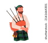 Scottish bagpipe player. Woodwind traditional musical instrument, Scotland man bagpiper, national instrumental festival, people culture and traditions vector illustration