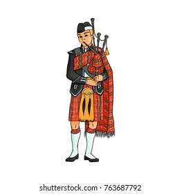Scottish bagpiper, piper in traditional tartan kilt, hand drawn vector illustration isolated on white background. Full length portrait of Scottish piper, bagpiper in national clothes, tartan kilt