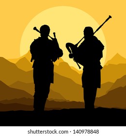 Scottish bagpiper silhouette landscape vector background - Shutterstock ID 140978848