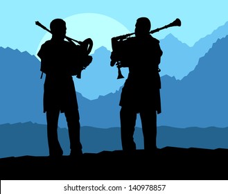 Scottish bagpiper silhouette landscape vector background