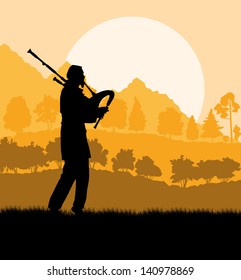 Scottish bagpiper silhouette landscape vector background