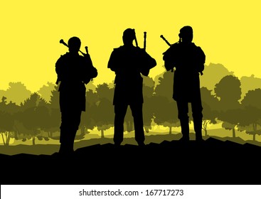 Scottish bagpiper silhouette landscape vector background concept