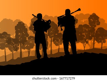 Scottish bagpiper silhouette landscape vector background concept