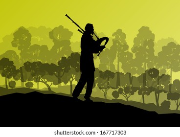 Scottish bagpiper silhouette landscape vector background concept