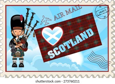 Scottish bagpiper in stamp