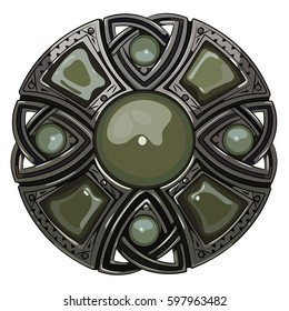 Scottish brooch. The legacy of the Scottish knights. Decorated with green agate, isolated on white, vector illustration