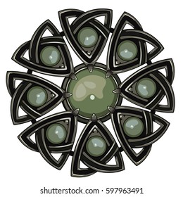 Scottish brooch. The legacy of the Scottish knights. Decorated with green agate, isolated on white, vector illustration