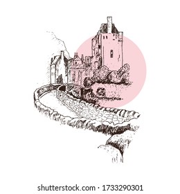 Scottish Castle with Towers and Stone Walls Vector Illustration. Linear Drawing of Scotland Country Landmark