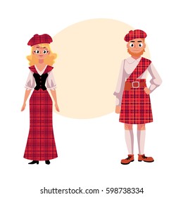 Scottish couple in traditional national costumes, tartan berets and kilts, cartoon vector illustration with place for text. Two Scottish people, man and woman, in tartan, plaid and kilts