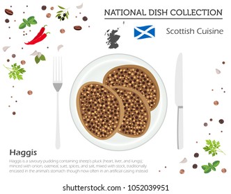 Scottish Cuisine. European national dish collection. Haggis isolated on white, infographic. Vector illustration