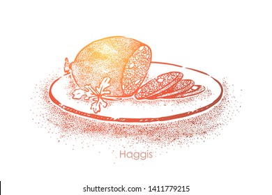 Scottish delicacy, mutton mince with onion and fat cooked in lamb stomach, traditional cuisine, delicious dish. Sliced haggis on plate, authentic cooking concept sketch. Hand drawn vector illustration