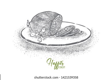 Scottish delicacy, mutton mince with onion and fat cooked in lamb stomach, traditional cuisine, delicious dish. Sliced haggis on plate, authentic cooking concept sketch. Hand drawn vector illustration