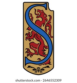 Design escocês em vintage, estilo retro. Leão heráldico em um escudo e vintage letra inicial S em estilo céltico com ornamento étnico, isolado em branco, ilustração vetorial