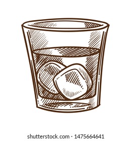 Scottish drink, whiskey, cola and ice cubes isolated sketch vector. Glass with coke and alcohol beverage, bar cocktail, mixing ingredients. Cool refreshment drawing, drinking and party, celebration
