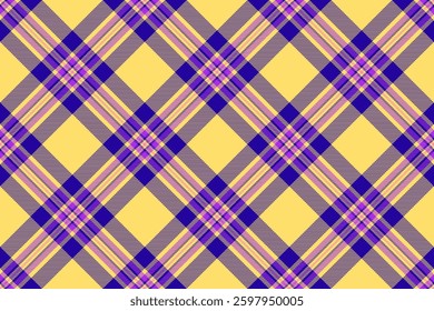 Scottish fabric background texture, neat plaid textile seamless. Intense tartan vector pattern check in yellow and indigo colors palette.