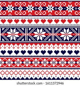 Scottish Fair Isle style traditional knitwear vector seamless pattern, retro Shtelands knit repetitive design with snowflakes and hearts. Retro textile folk art background