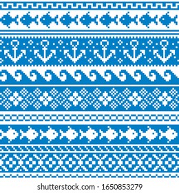 Scottish Fair Isle style traditional knitwear vector seamless pattern, marine style design with anchors, fish, and sea or ocean waves. Retro textile folk art blue background 