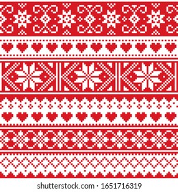 Scottish Fair Isle style traditional knitwear vector seamless pattern, retro Shtelands knit repetitive design with snowflakes and hearts. Retro textile folk art background 