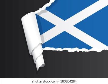 Scottish flag under ripped paper vector illustration.
