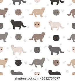 Scottish Fold Cat clipart. All coat colors set.  All cat breeds characteristics infographic. Vector illustration
