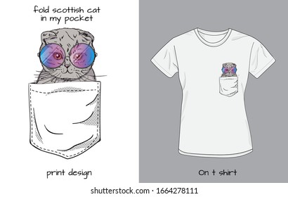 Scottish fold cat in pocket funny illustration for print on t-shirts. Favorite pet in my pocket. Animal out of pocket