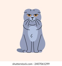 Scottish Fold cat sitting color element. Cartoon cute animal. Hand draw vector illustration isolated.  