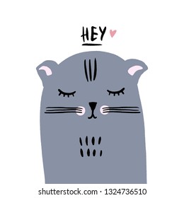 The Scottish Fold. Hey text. Vector nursery lettering doodle poster and postcard with cute cat in scandinavian style, children illustration, cute animals art