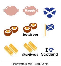 Scottish food - Haggis, Scotch egg, Shortbread icons set. Traditional meals design from Scotland. Vector color icons set of food from Scotland, United Kingdom isolated on white
