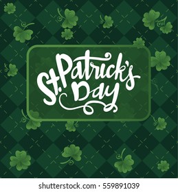 Scottish green plaid background, shamrocks and lettering