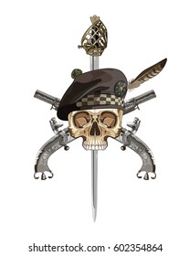 Scottish Highland backsword, two Scottish flintlock pistol and skull in the Scottish balmoral bonnet, isolated on white, vector illustration