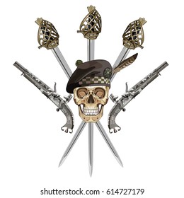 Scottish Highland backsword, two Scottish flintlock pistol and skull in the Scottish balmoral bonnet, isolated on white, vector illustration
