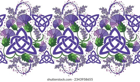 Schottisches Highland-Thistle nahtlose Grenz-Vektordesign in Rosa, Violett und Grün