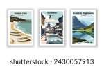 Scottish Highlands, Scotland. Scranton, Pennsylvania. Sennen Cove, Cornwall - Set of 3 Vintage Travel Posters. Vector illustration. High Quality Prints