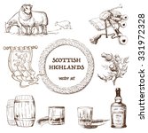 Scottish highlands set. Set of sketchy drawings representing items traditionally associated with Scottish Highlands. EPS10 Vector illustration.