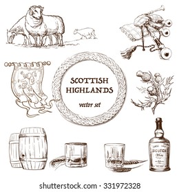 Scottish highlands set. Set of sketchy drawings representing items traditionally associated with Scottish Highlands. EPS10 Vector illustration.