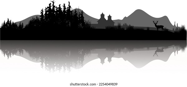 Scottish landscape with distillery, mountains and deer